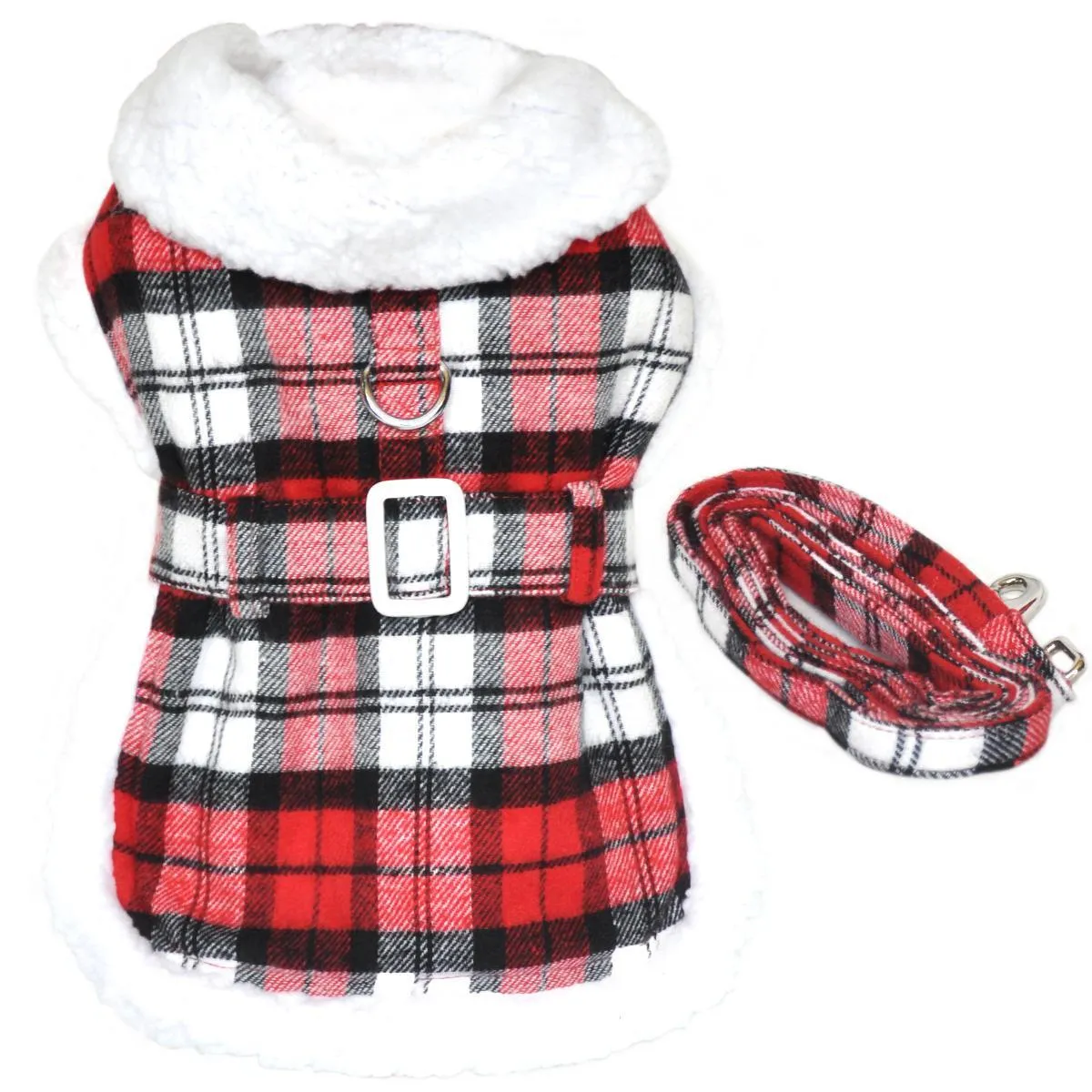 Sherpa Lined Dog Harness Coat Red And White Plaid