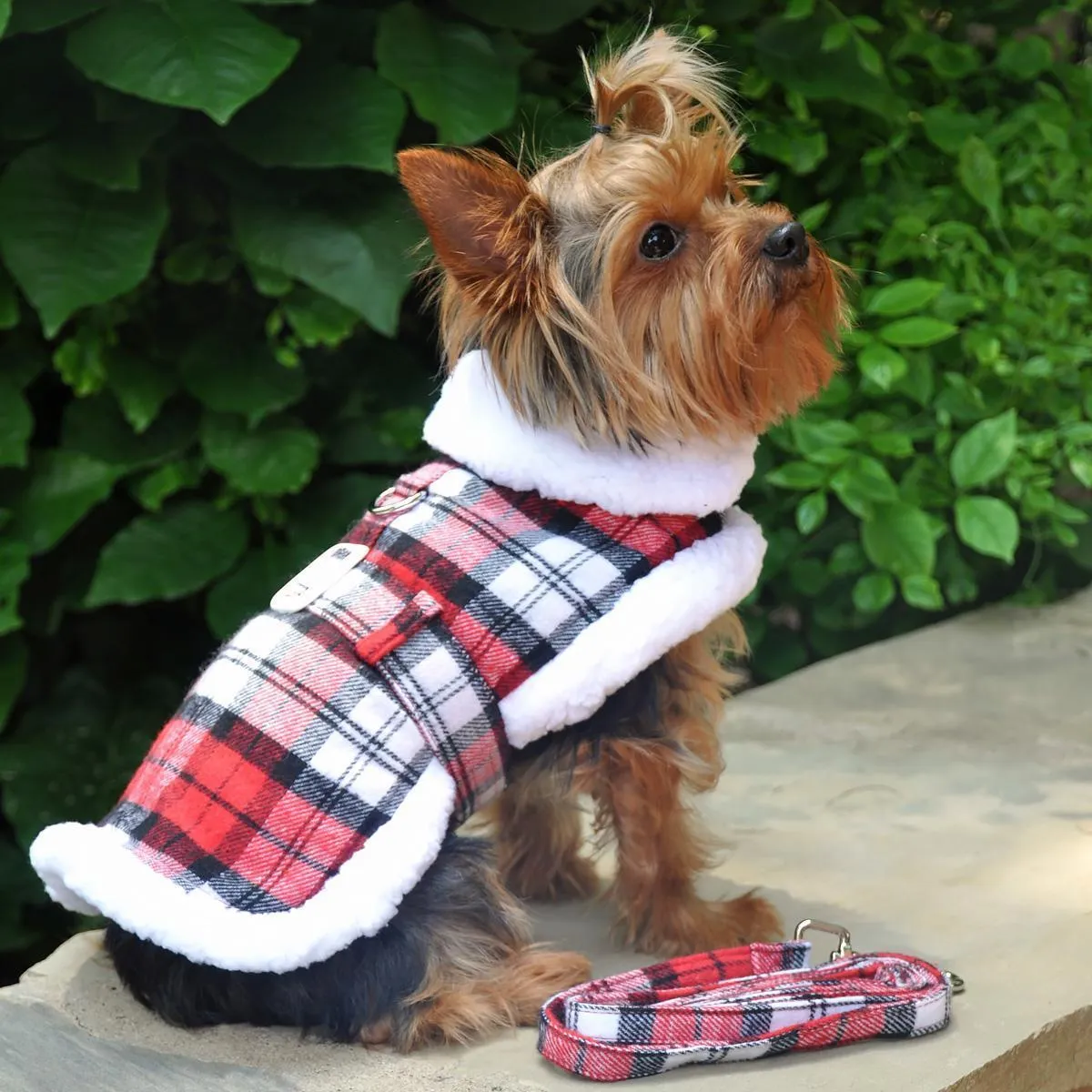 Sherpa Lined Dog Harness Coat Red And White Plaid