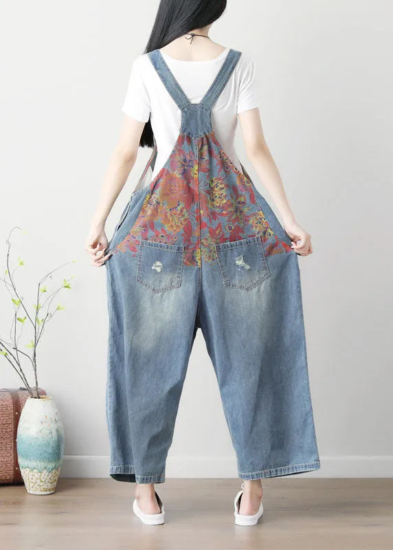 Simple Blue Patchwork Print Wide Leg Carpenter Pants Spring