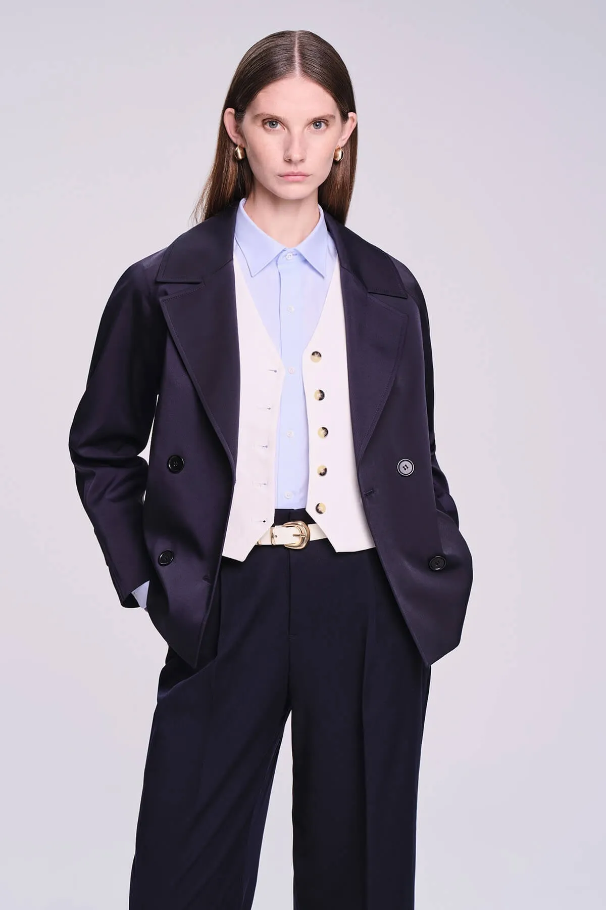 Slim Fit Cachet Sarah Cotton Blend Navy Long Coat