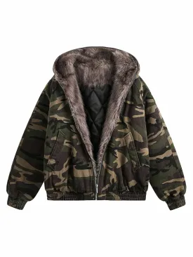 Thesupermade Camouflage Fur Collar Hooded Quilted Jacket