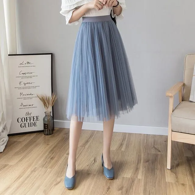 Tulle Skirts Womens Midi Pleated Skirt Black Pink Tulle Skirt Women 2020 Spring Summer Korean Elastic High Waist Mesh Tutu Skirt