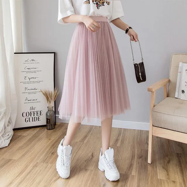 Tulle Skirts Womens Midi Pleated Skirt Black Pink Tulle Skirt Women 2020 Spring Summer Korean Elastic High Waist Mesh Tutu Skirt