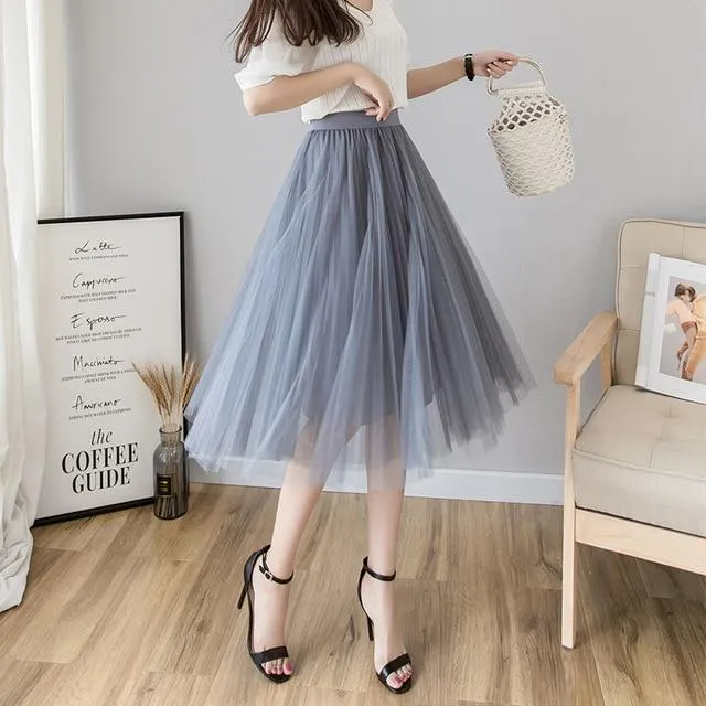 Tulle Skirts Womens Midi Pleated Skirt Black Pink Tulle Skirt Women 2020 Spring Summer Korean Elastic High Waist Mesh Tutu Skirt