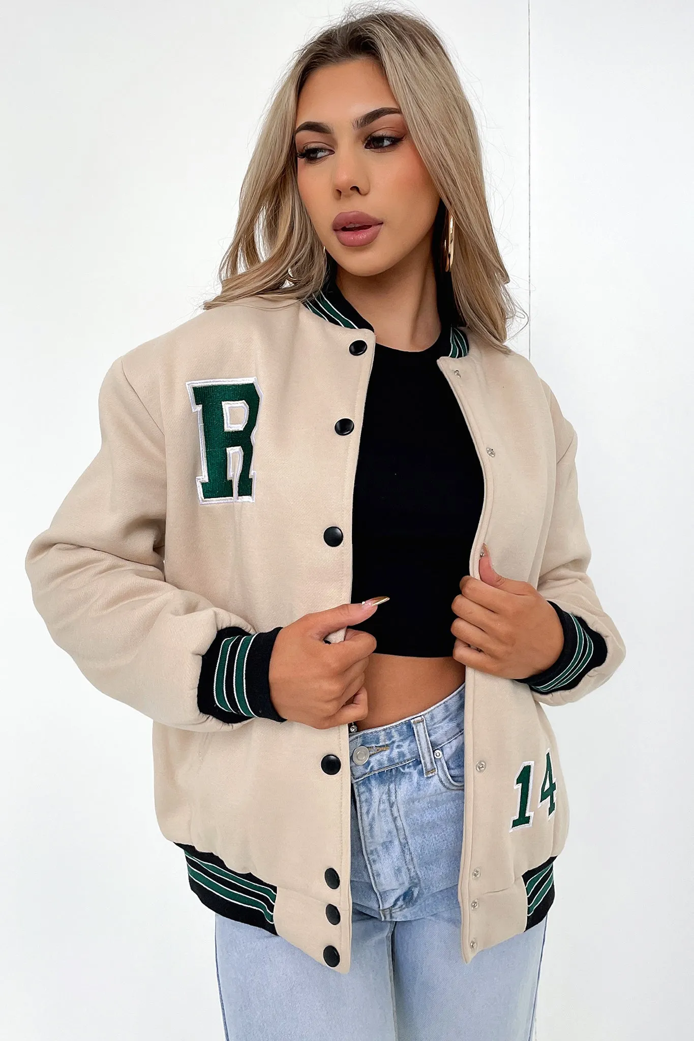 Varsity Oversized Jacket - Tan / Emerald