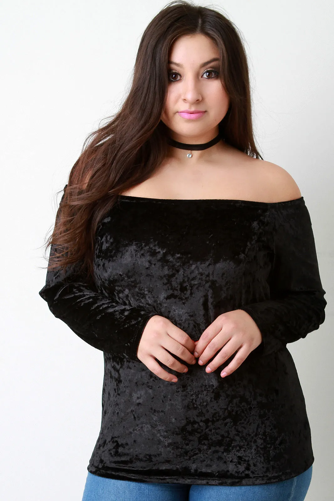 Velvet Off-The-Shoulder Long Sleeve Top