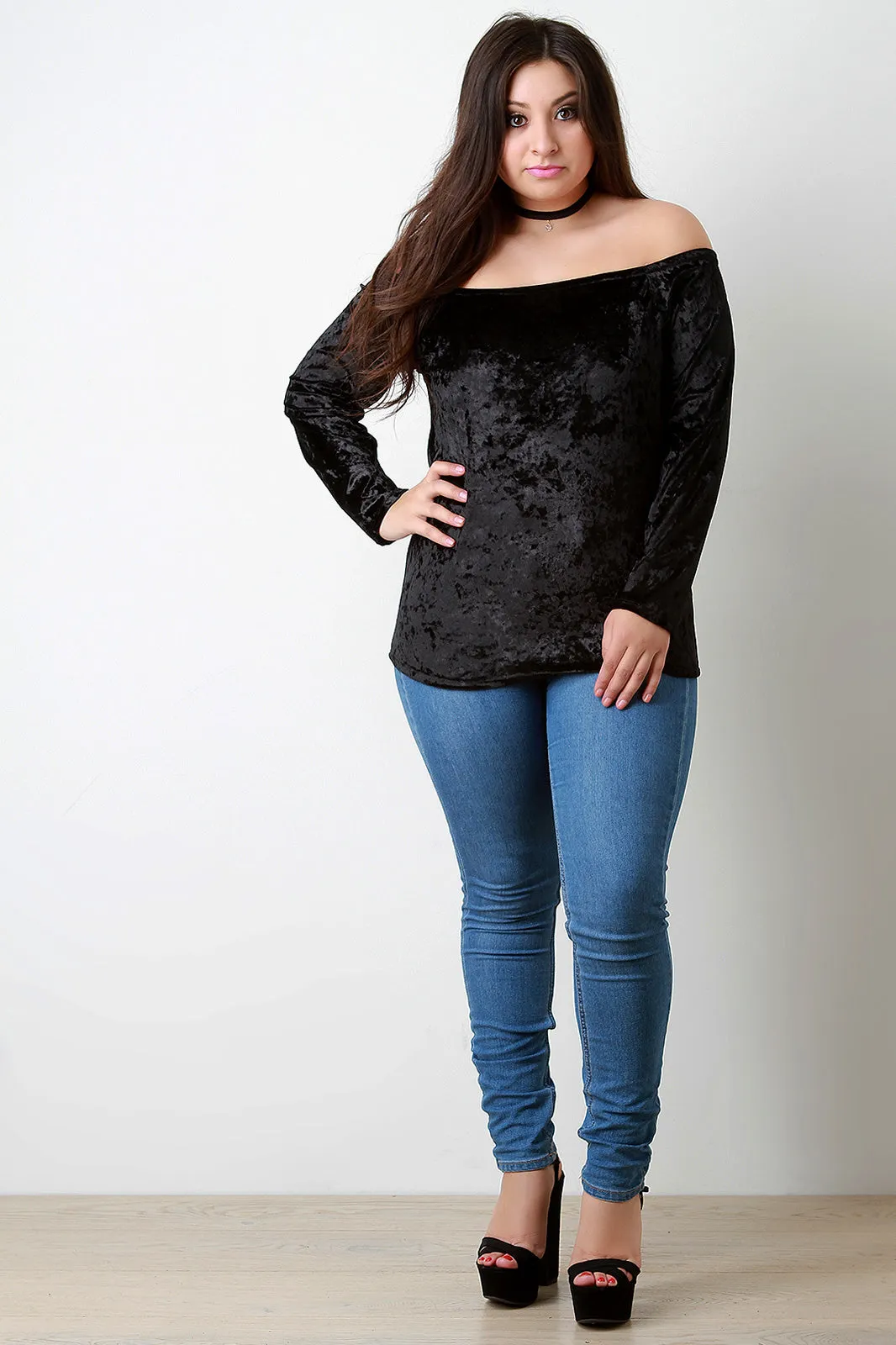 Velvet Off-The-Shoulder Long Sleeve Top