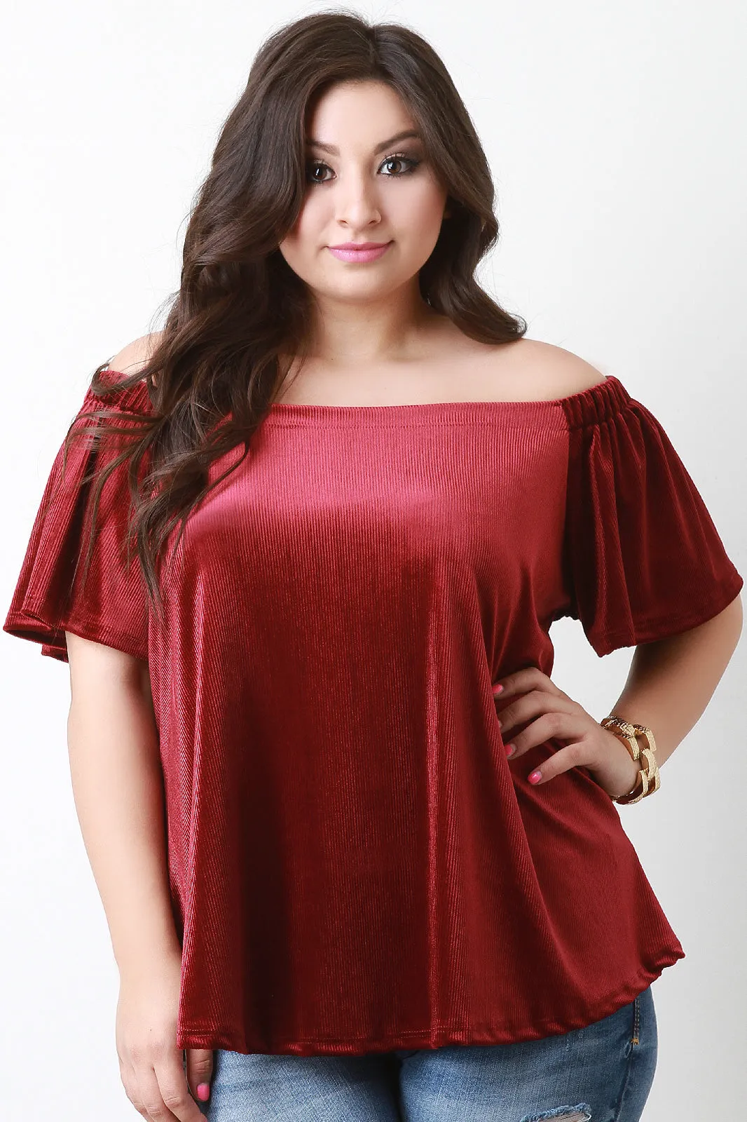 Velvet Rib Knit Off The Shoulder Top