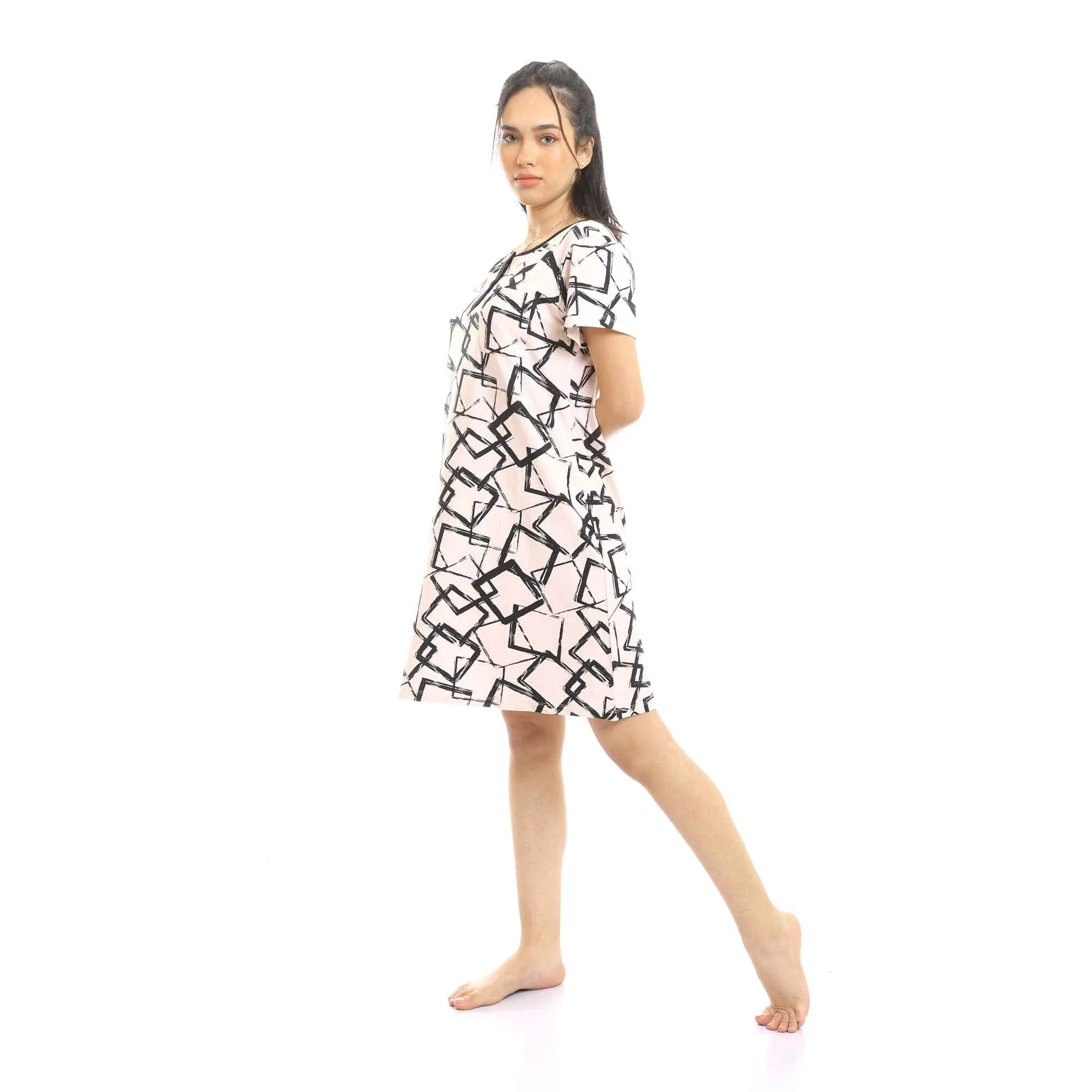 Women Buttoned Deep Round Neck Squares Short Nightgown - Café