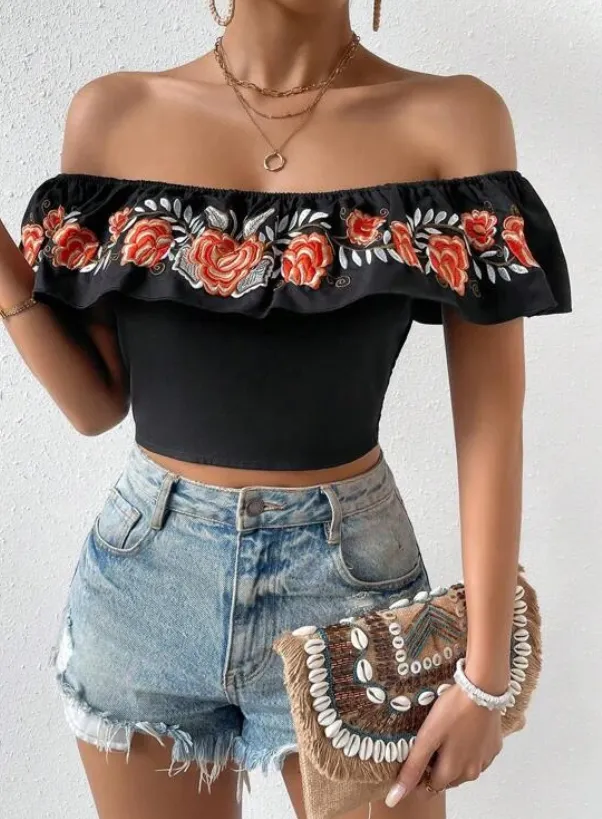 Women Floral Off the Shoulder Crop Top